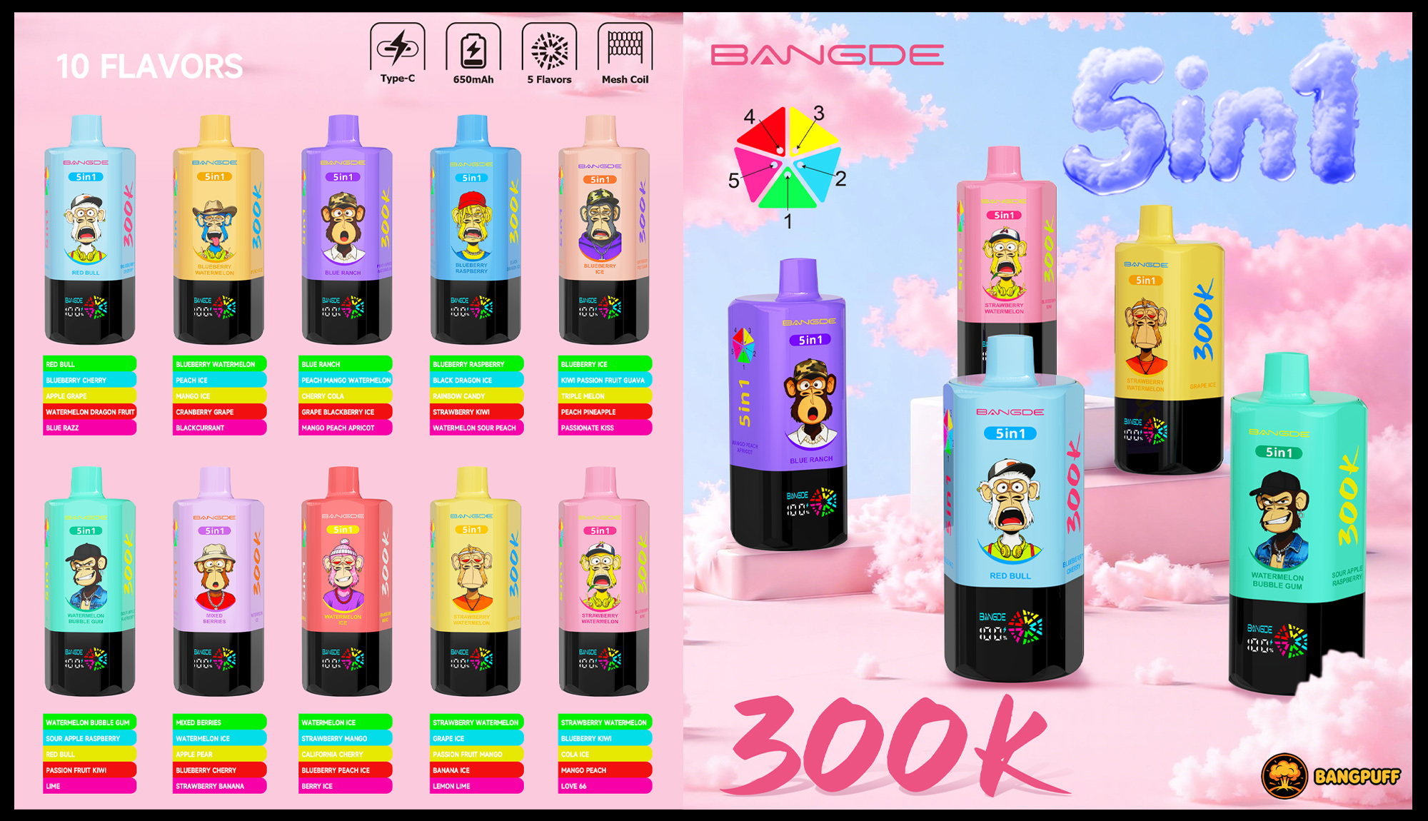 Pastel ad for BANGDE disposable vapes, showing multiple 5-in-1 devices, flavor options, and 300K capacity claims