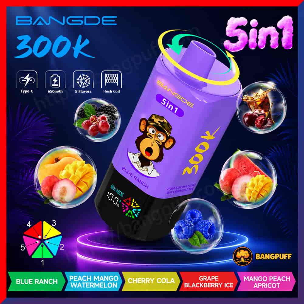 Promotional graphic of a purple Bangsde 300K 5-in-1 vape with flavor bubbles and flavor labels around it
