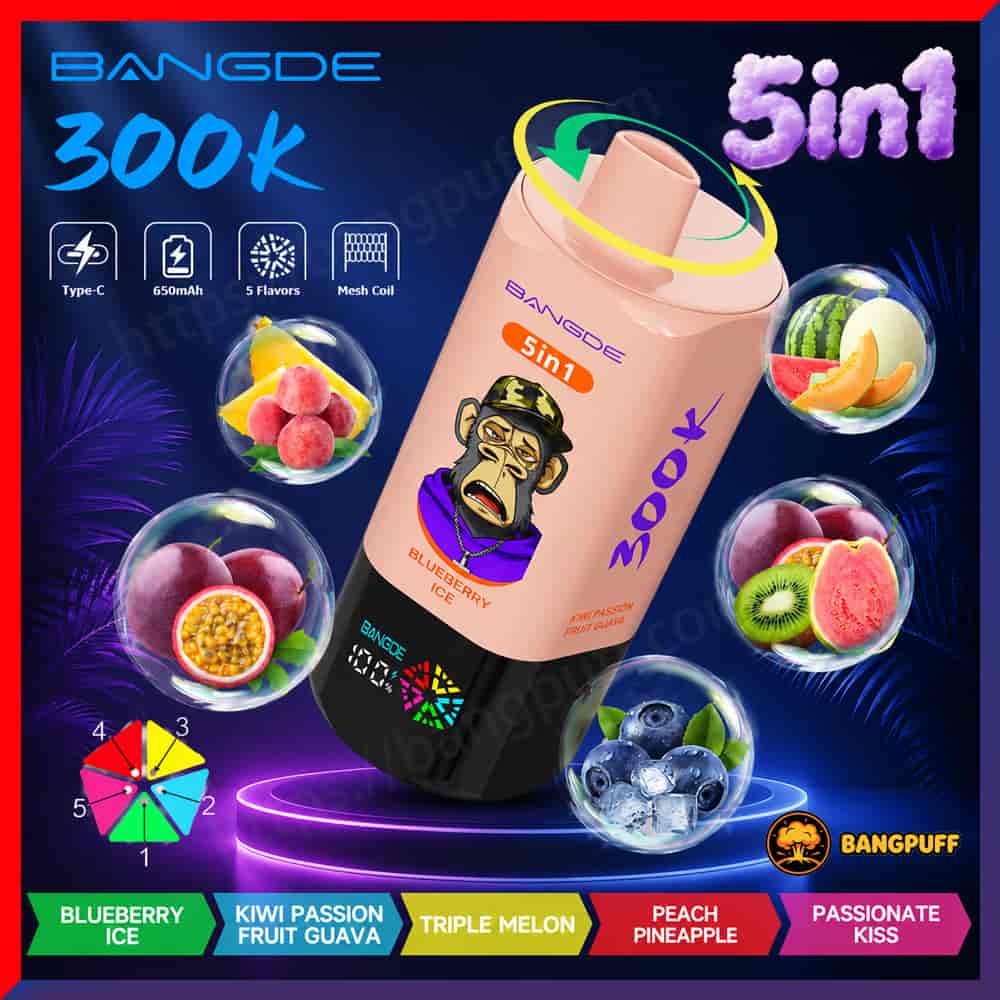 Colorful ad for a Bangde 5-in-1 vape device with fruit-flavor bubbles and labels for blueberry ice, kiwi passion fruit guava, and more