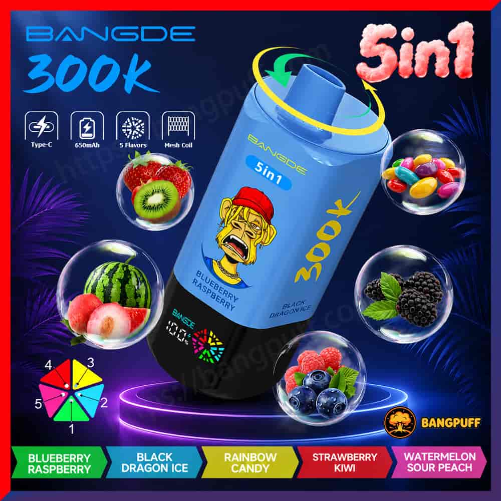 BANGDE 300K 5-in-1 vape ad with blue device and floating flavor bubbles