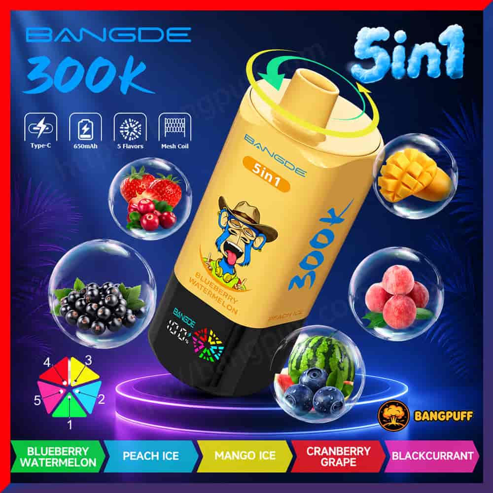 Promotional graphic for a Bangde 300K 5-in-1 vape with flavor bubbles and five color-coded flavors listed below