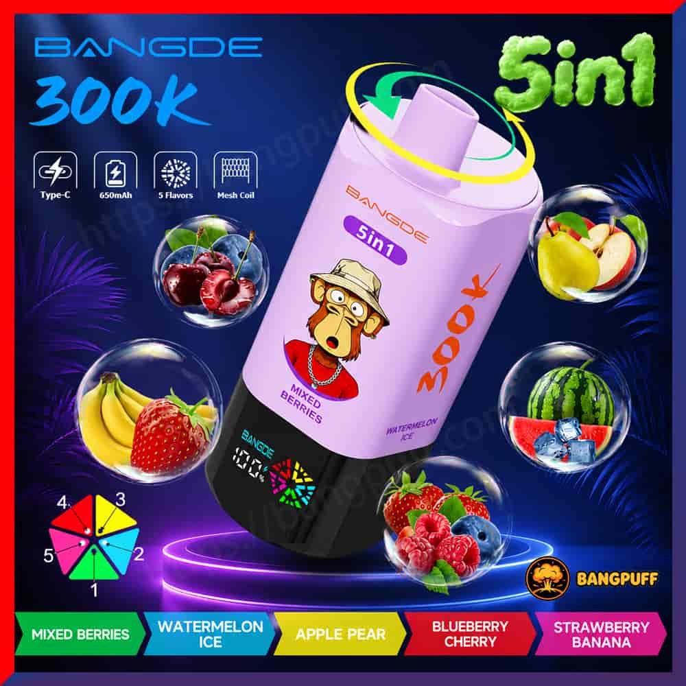 Promotional graphic for a Bangde 5-in-1 vape with five fruit flavors and 300K capacity shown on a dark neon background