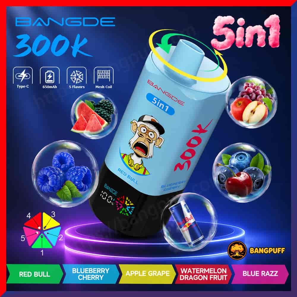 Promotional graphic of a BANGDE 300K 5-in-1 vape with flavor bubbles and fruit labels
