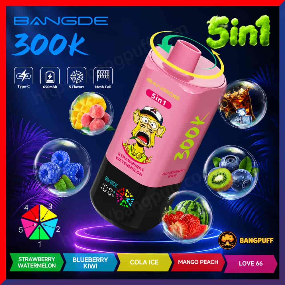 Promotional graphic of a pink Bangde 300K 5-in-1 vape with flavor bubbles and labels on a dark neon background