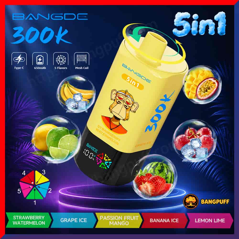 Promotional graphic of a Bangde 300K 5-in-1 vape device with five flavor options and fruit icons around it