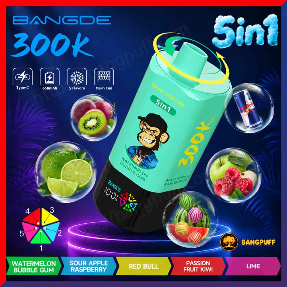 Colorful ad for a Bangde 300K 5-in-1 vape with flavor bubbles, Type-C, 650mAh, and mesh coil icons