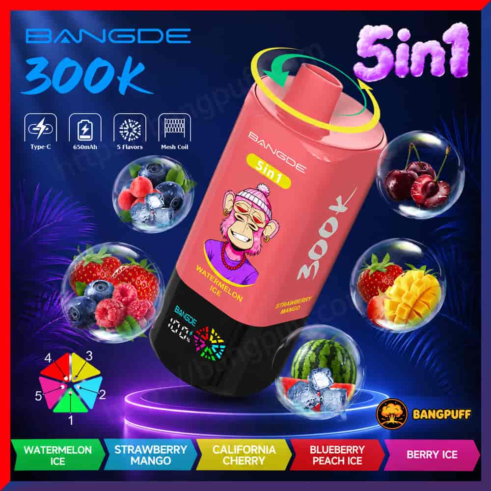 Promotional graphic of a Bangde 300K 5-in-1 vape with fruit flavor bubbles and flavor labels