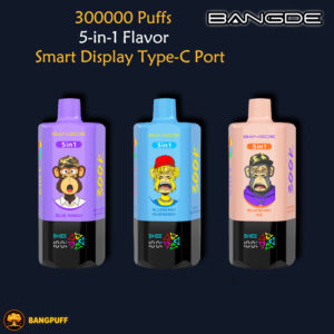 Promotional graphic showing three BANGDE vape devices with 5-in-1 flavors and 30000 puffs advertised