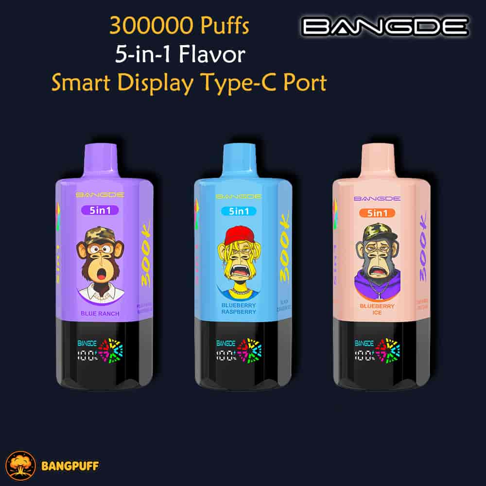 Promotional graphic showing three BANGDE vape devices with 5-in-1 flavors and 30000 puffs advertised