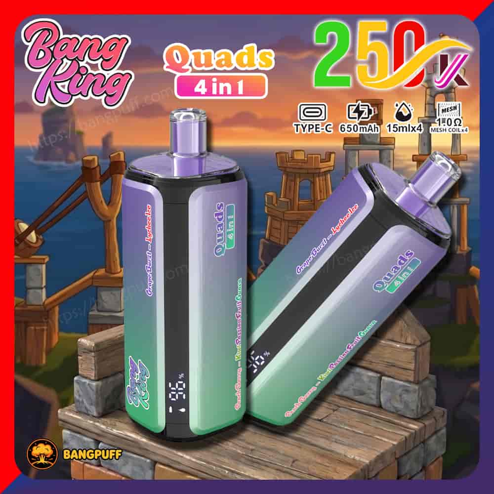 Bang King Quads 4-in-1 vape advertisement showing two purple-and-green devices on a dock at sunset with feature icons and text