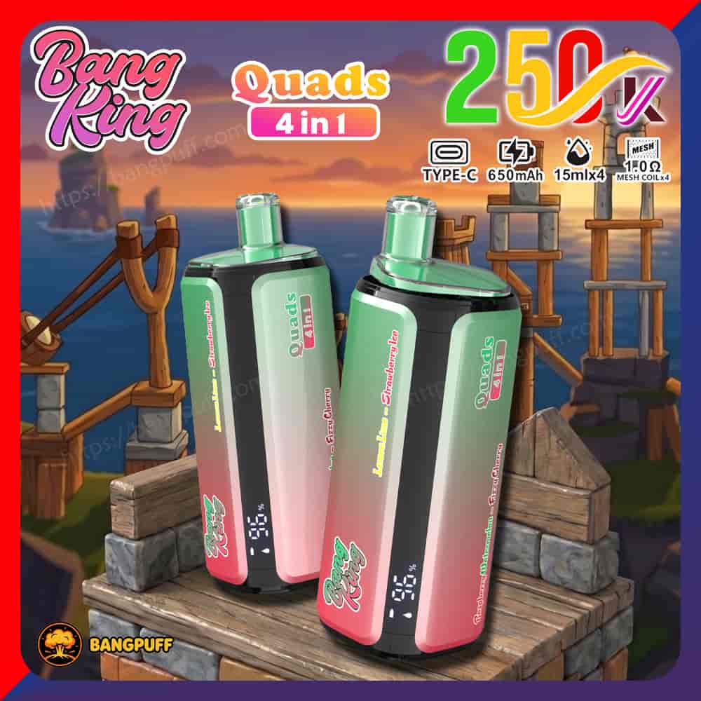 Promotional ad for Bang King 250K Quad 4-in-1 vape devices with two colorful pods and feature icons