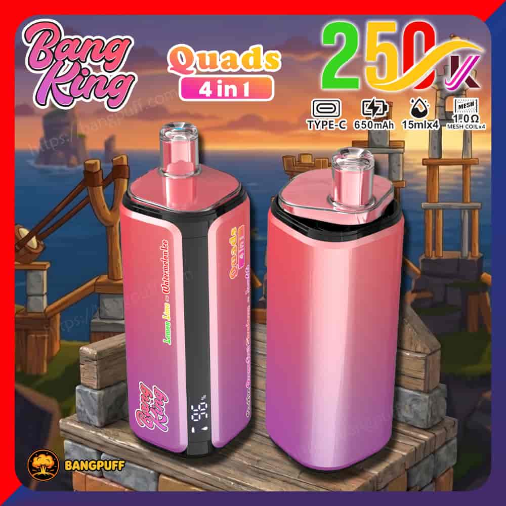 Pink Bang King Quads 4-in-1 vape device with two views, shown against a sunset ocean backdrop with feature icons