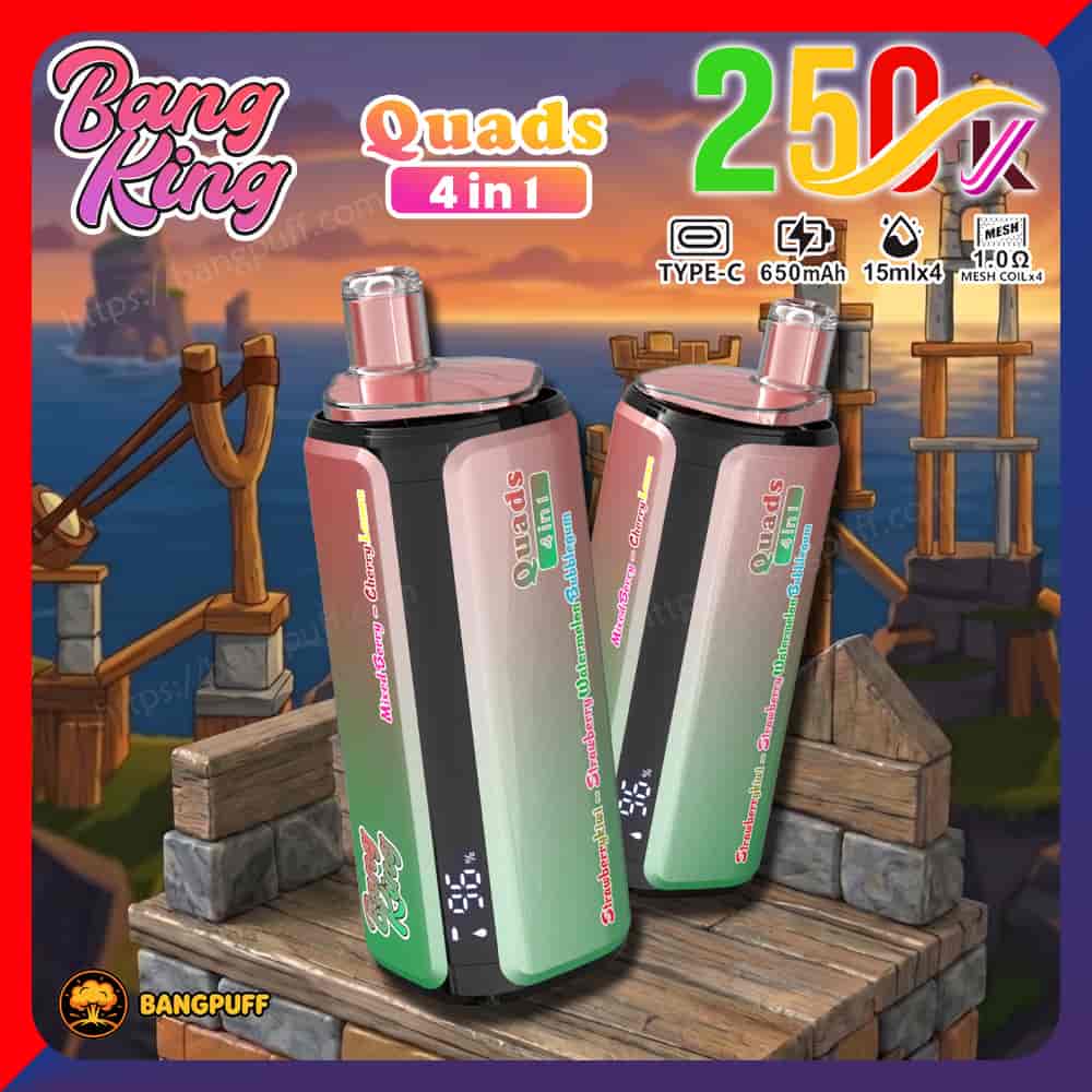 Promotional graphic for Bang King Quads 4-in-1 250K vape devices in pink and green on a wooden platform at sunset
