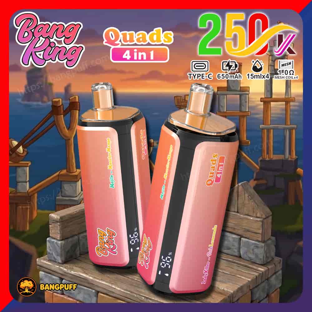 Promotional graphic for Bang King Quads 4-in-1 vape devices, showing two pink-and-black units with feature icons and sunset background