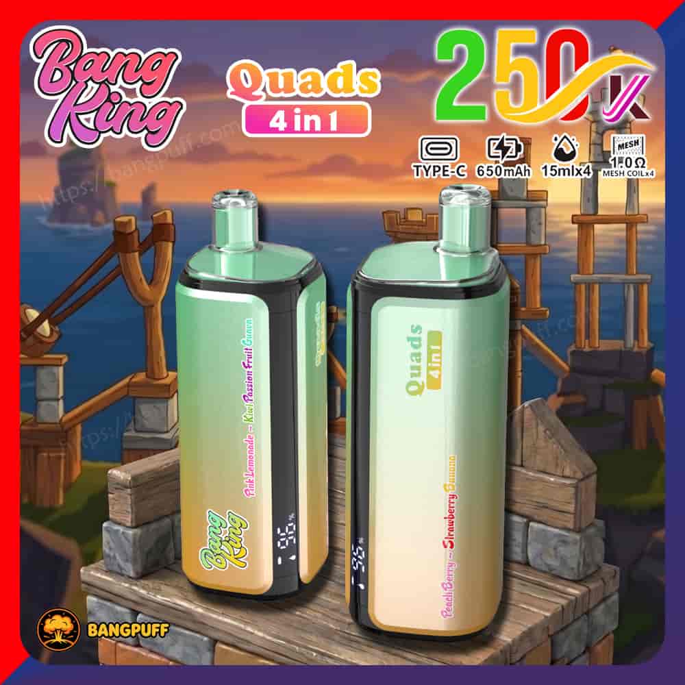 Promotional graphic for Bang King Quads 4-in-1 25000K vape devices with two mint-green pods and feature icons