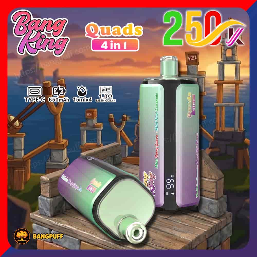Promotional graphic for Bang King 4-in-1 vape devices with sunset background and product feature icons