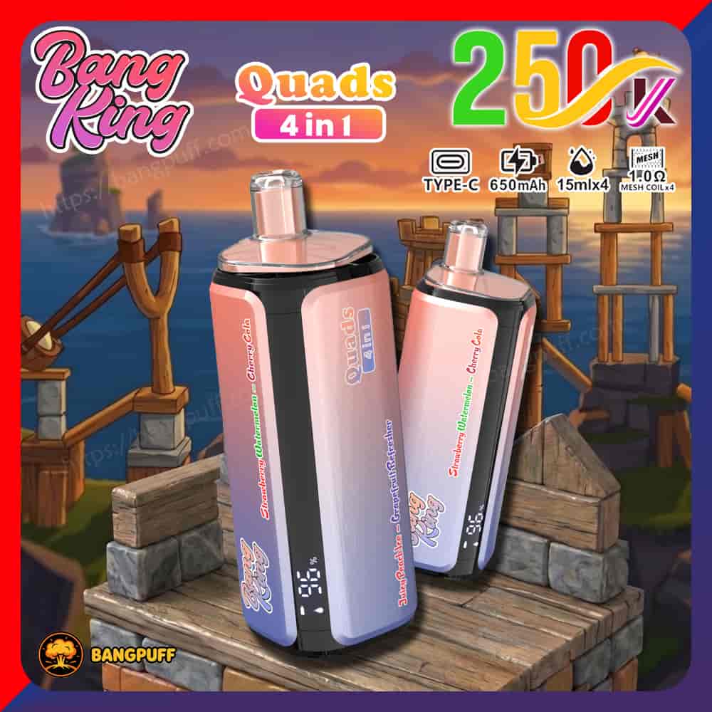Bang King Quads 4-in-1 vape ad showing two pink devices with 25000 puffs and Type-C charging