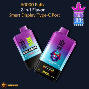 Promotional graphic of two purple Bang King vape devices with 5000 puffs and 2-in-1 flavor text