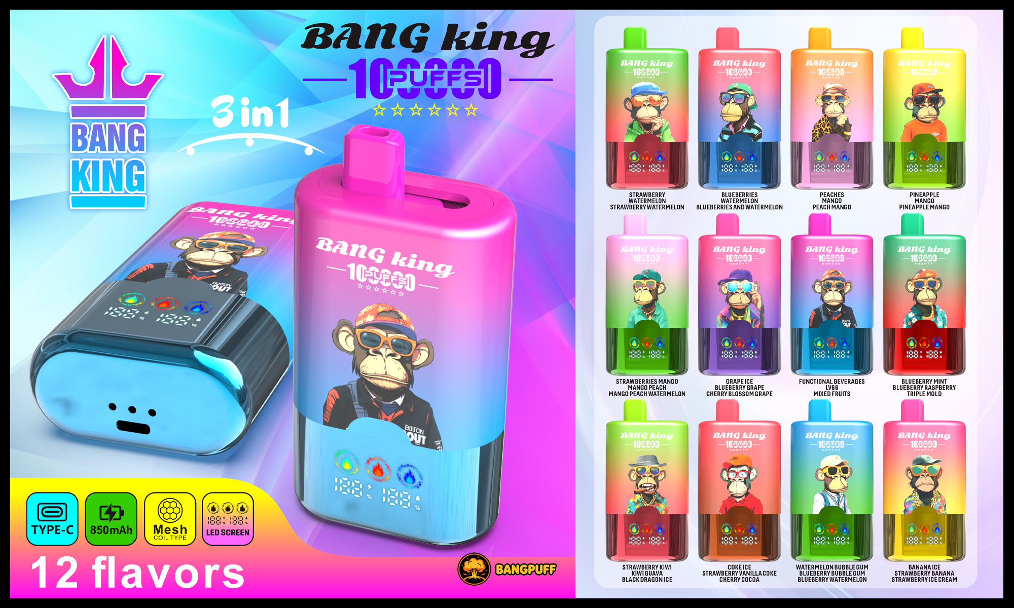 Colorful Bang King vape ad showing two devices, 3-in-1 and 12 flavors, with a grid of flavor variants on the right