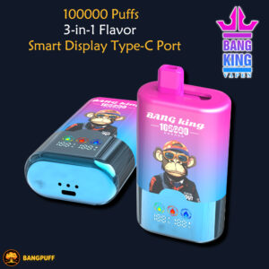 Promotional graphic of two Bang King vape devices with “100000 Puffs,” “3-in-1 Flavor,” and “Type-C Port” text