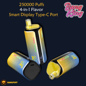 Promotional graphic for Bang King Bangpuff vape with three yellow-and-black devices and text: 25000 Puffs, 4-in-1 Flavor, Smart Display Type-C Port