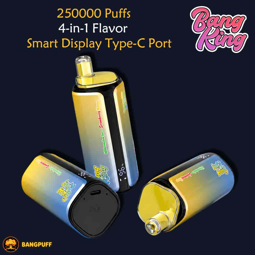 Promotional graphic for Bang King Bangpuff vape with three yellow-and-black devices and text: 25000 Puffs, 4-in-1 Flavor, Smart Display Type-C Port