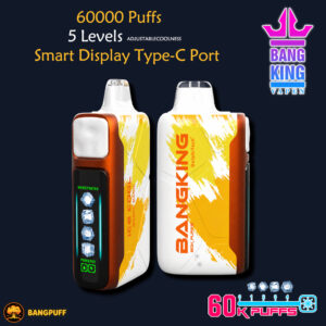 Promotional vape ad showing two Bang King devices with 60,000 puffs, 5 levels, smart display, and Type-C port