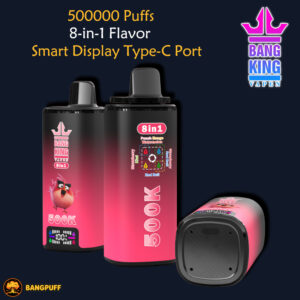 Product ad for Bang King Vape showing two pink-and-black 500K 8-in-1 disposable vapes with branding and flavor text