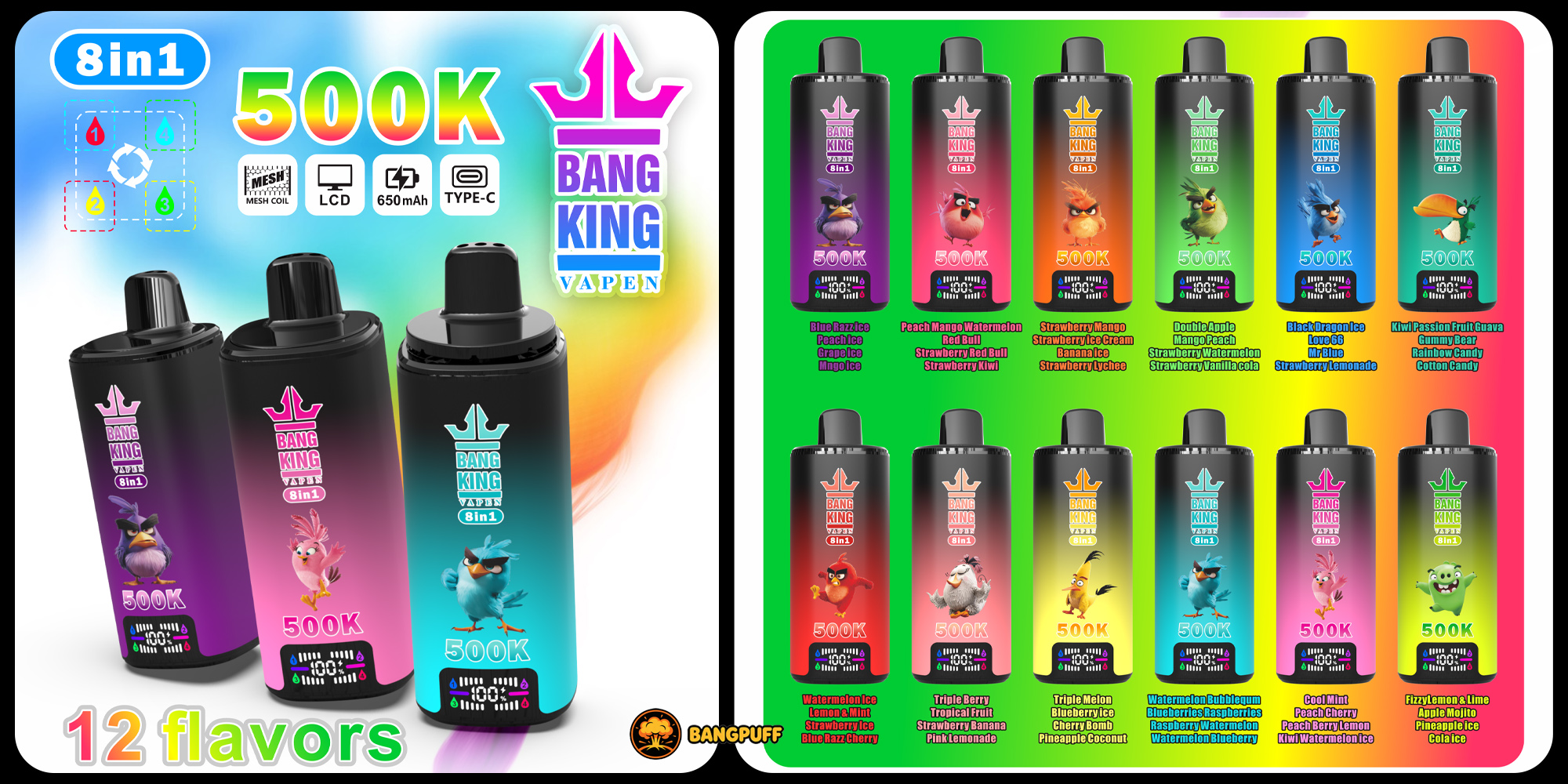 Promotional poster for Bang King Vapen 8-in-1 500K vape devices and 12 flavors, showing colorful device designs and flavor list