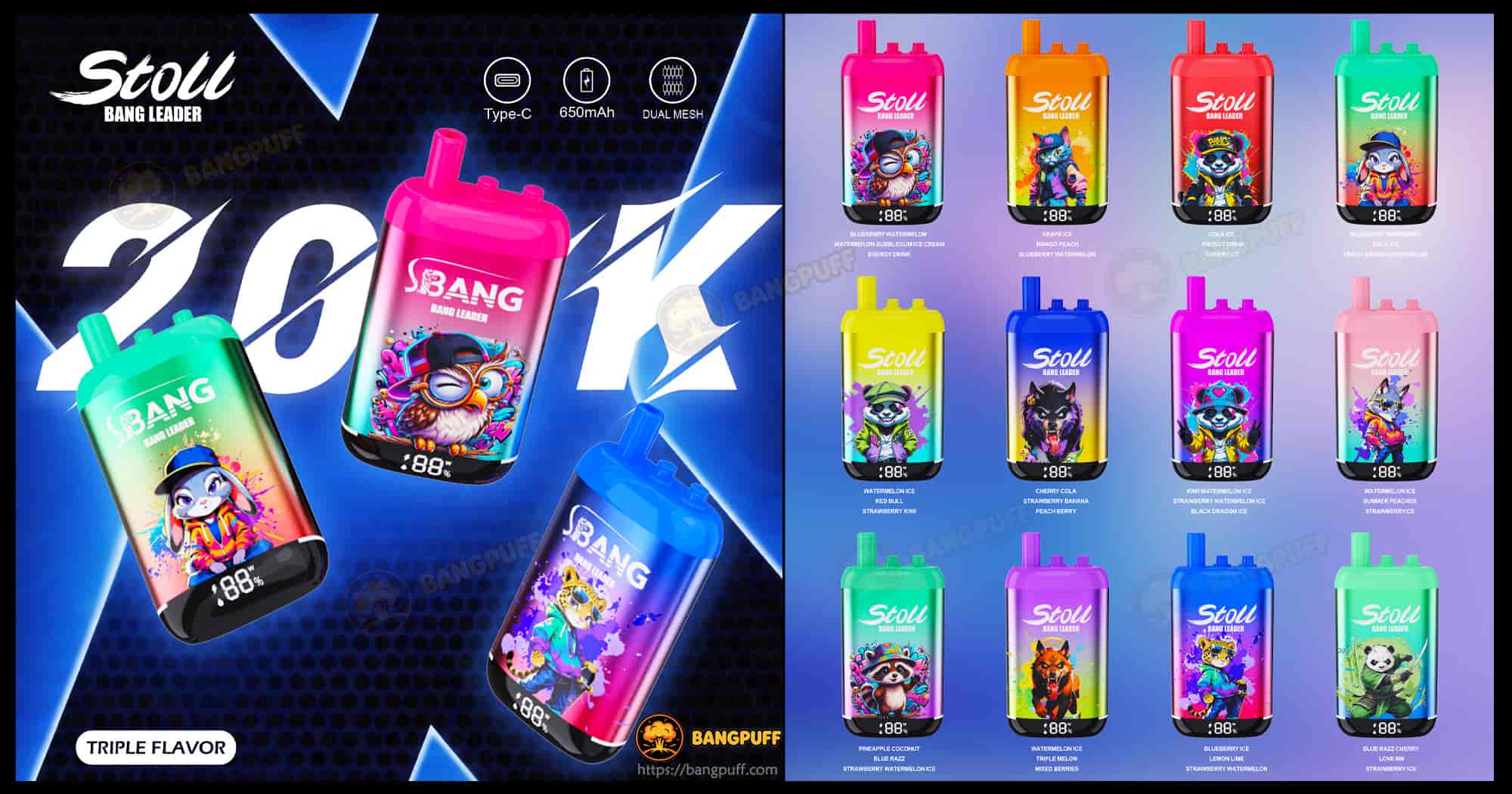 A colorful poster for the Bang Leader Stoll 200k puffs Triple Flavor Metal Body Disposable Vape, featuring multiple cartoon-themed devices and flavor labels. 12 flavor combinations are available.