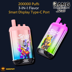 Promotional graphic showing two colorful Stoll Bang Leader vape devices with cartoon animal art and display screens
