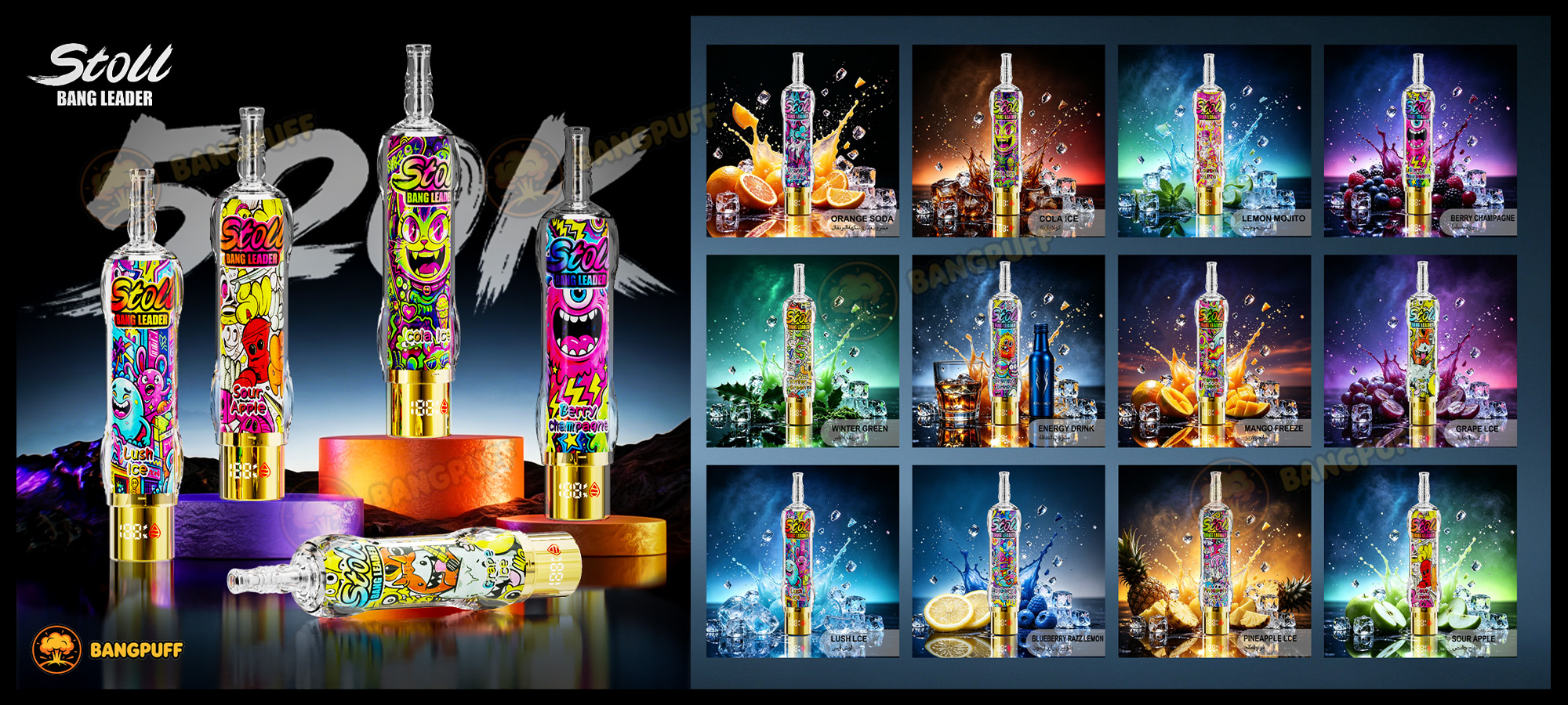 The Bang Leader Stoll 520k is a disposable e-cigarette with a crystal design, gold base, and can be connected to a hookah. It features a low resistance of 0.4 ohms, a large 1000mAh battery, and supports Type-C fast charging.
