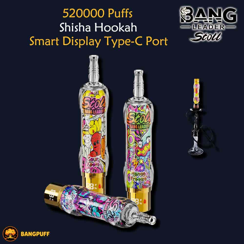 Promotional graphic for Bang Leader Stoll shisha hookah devices, showing three colorful vape-style hookahs and product text