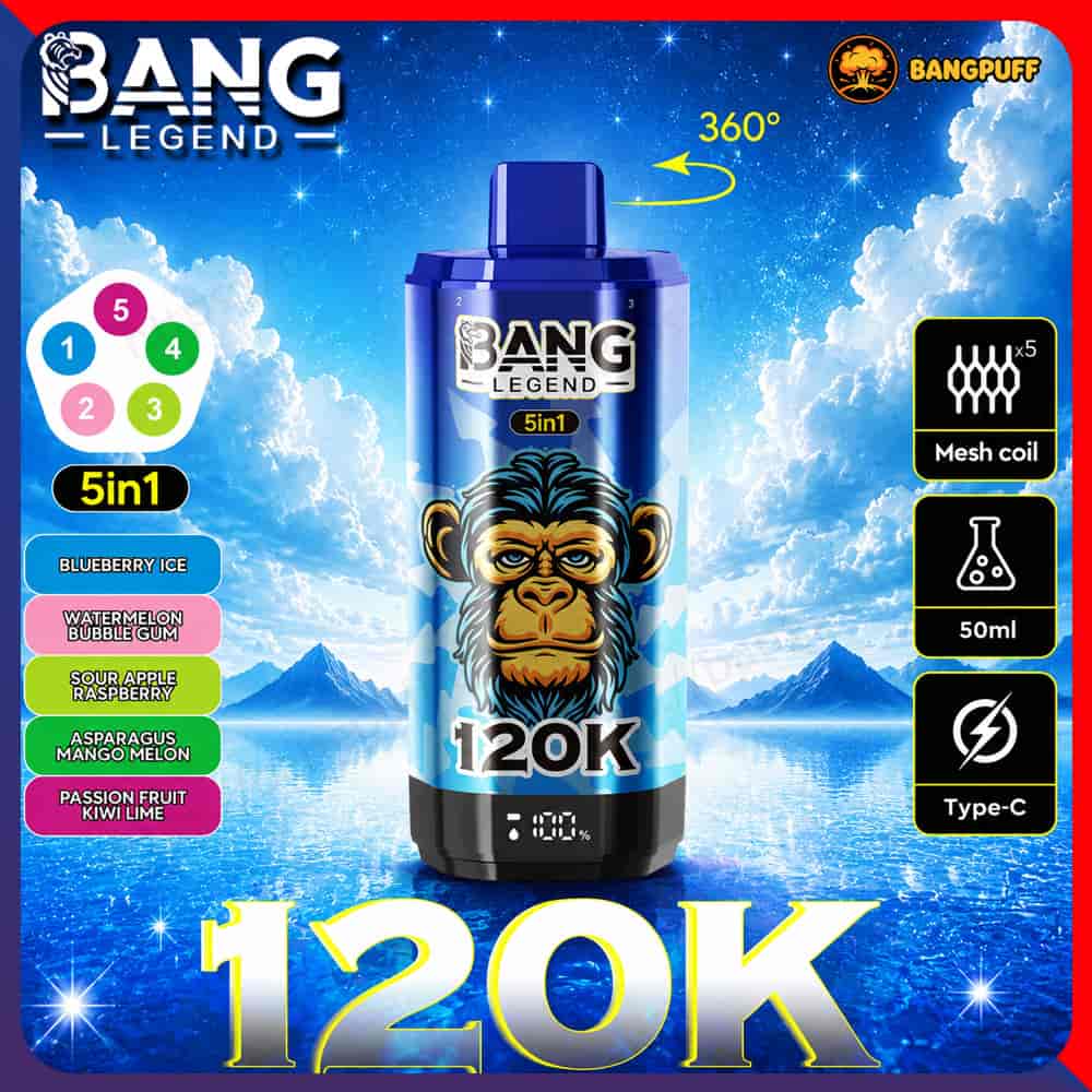 Blue Bang Legend 5-in-1 vape with monkey graphic and feature icons on a sky-and-water background, labeled 120K