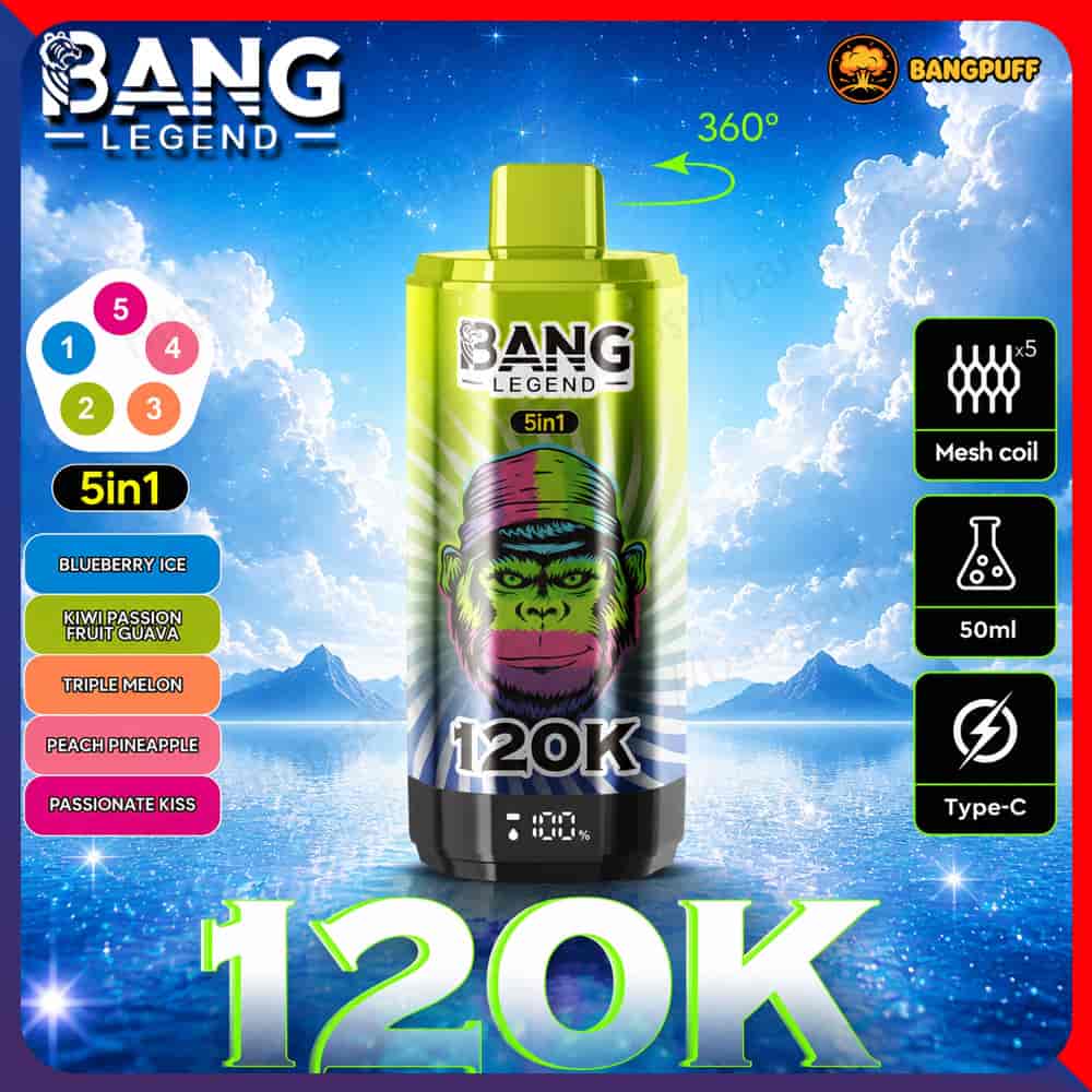 Promotional graphic of a Bang Legend 120K 5-in-1 vape with flavor and feature labels on a sky and ocean background