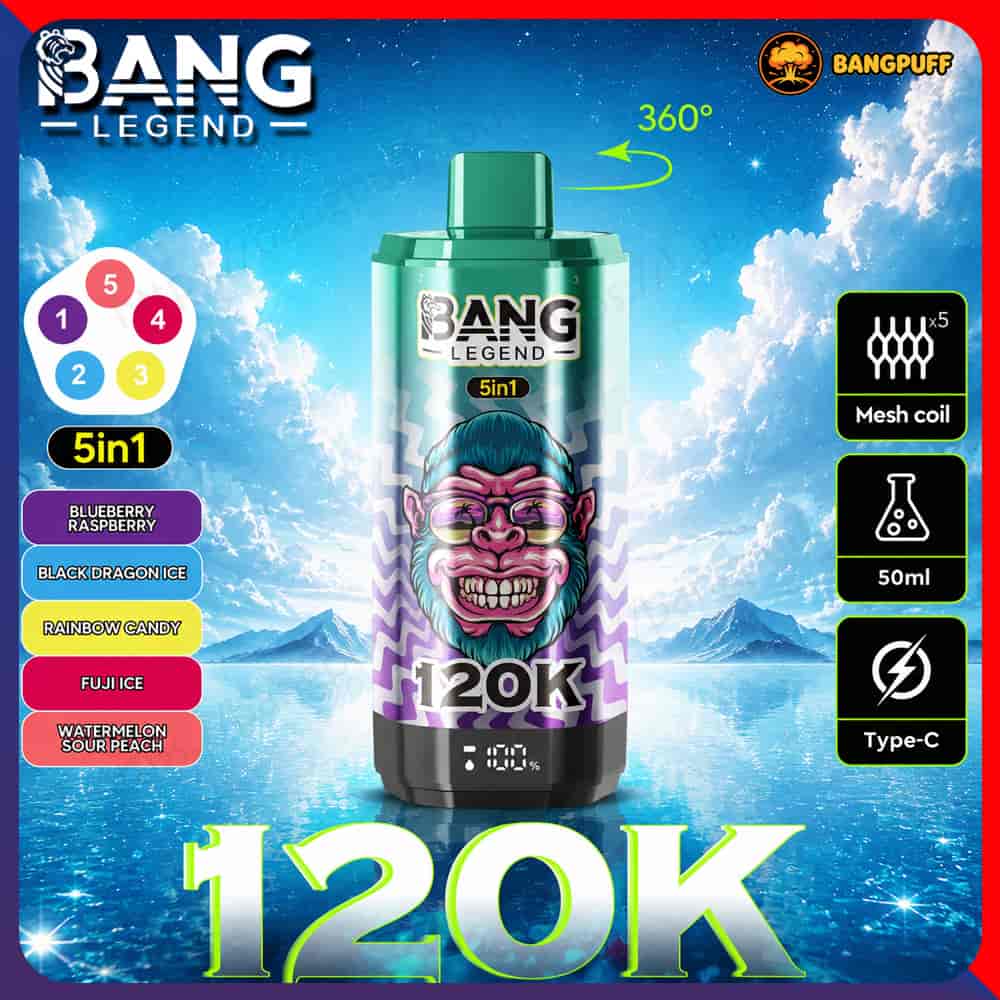 Bang Legend vape advertisement with a 120K device, 5-in-1 flavors, mesh coil, 50ml, and Type-C charging over a blue sky and lake background