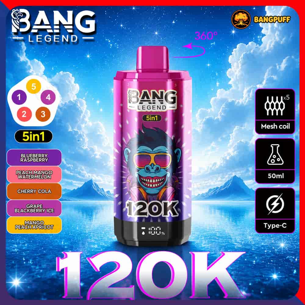 Bang Legend 5-in-1 vape with gorilla graphic, 120K label, and feature icons on a blue sky background