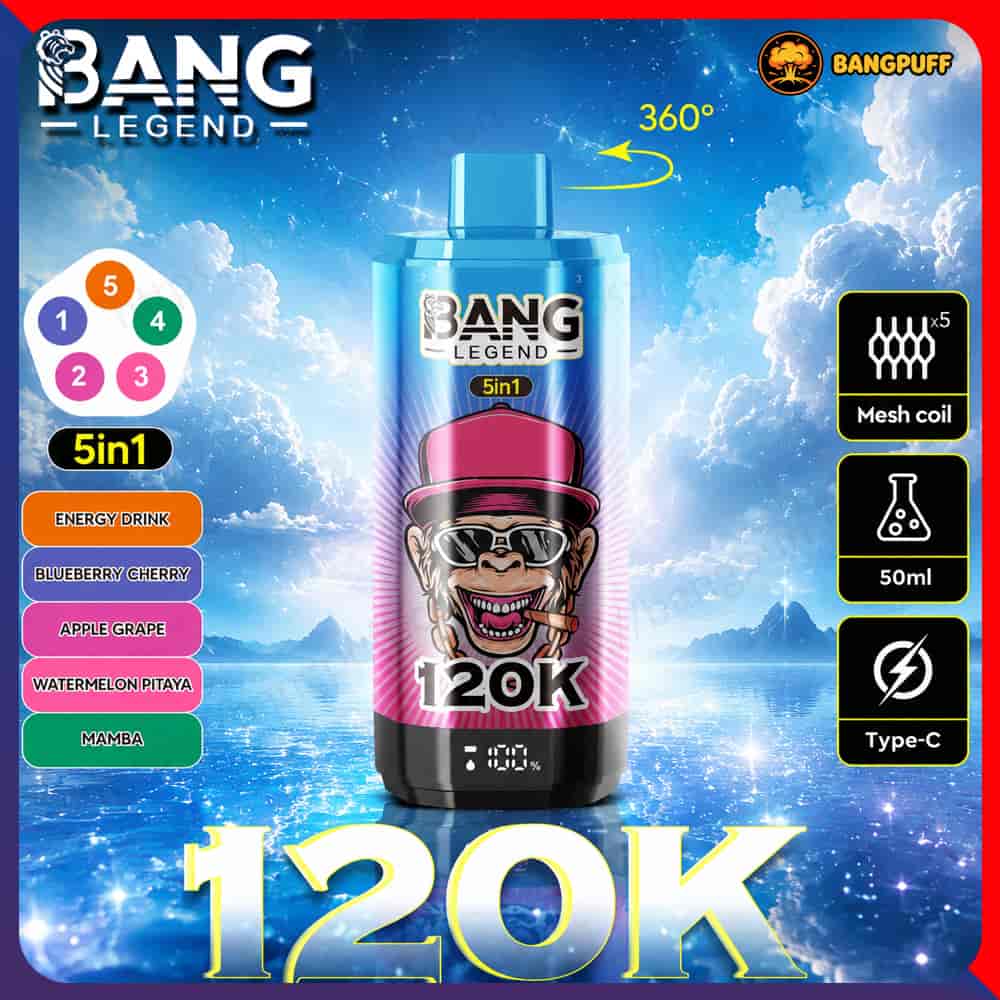 Bang Legend 5-in-1 vape device ad with 120K text, flavor list, and feature icons on a blue sky background