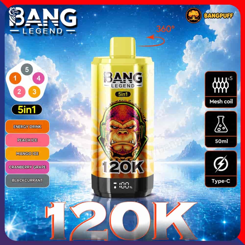 Promotional image of a Bang Legend 5-in-1 vape with gorilla graphic, 120K label, and flavor icons around it