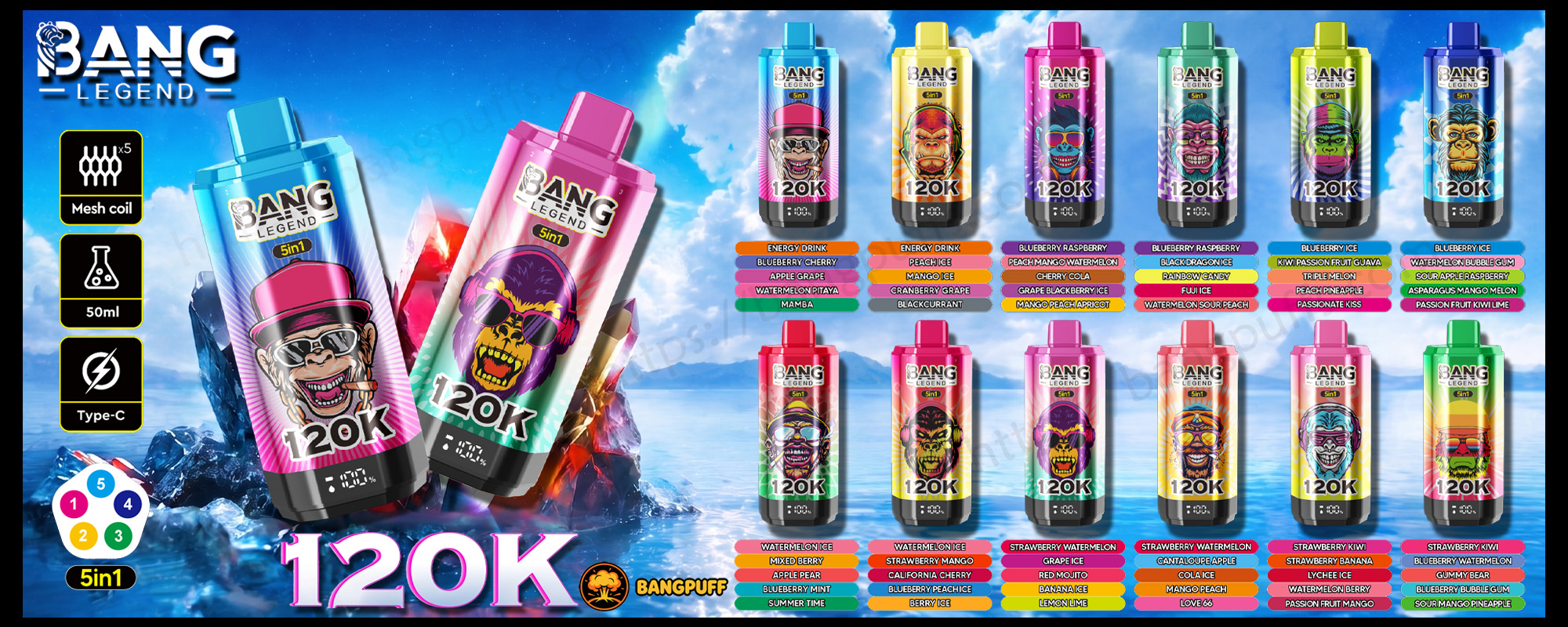 Promotional graphic for Bang Legend 5-in-1 vaping devices with colorful bottles, flavor lists, and 120K labels