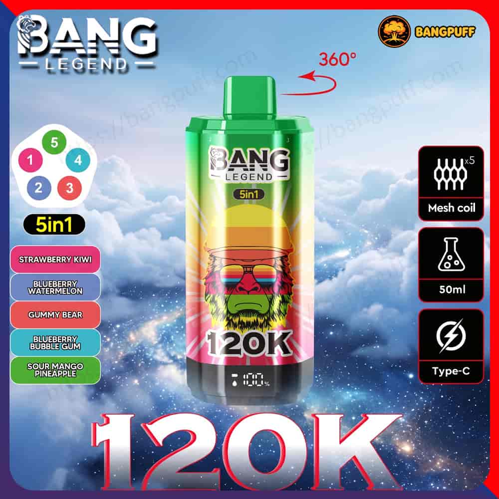 Bang Legend 5-in-1 vape device ad with 120K puffs, flavor list, and feature icons on a cloudy sky background
