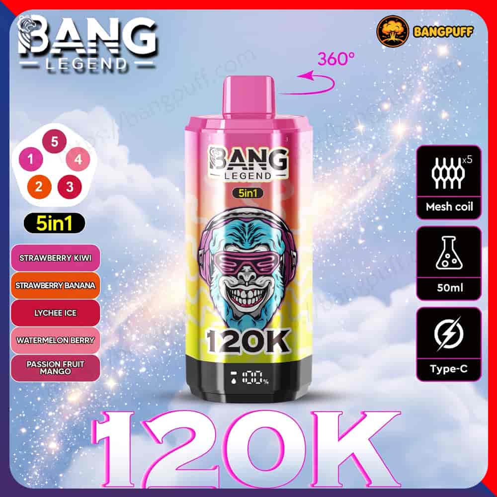 Pink Bang Legend vape device with 5-in-1 flavors, 120K label, mesh coil, 50ml, and Type-C charging icons