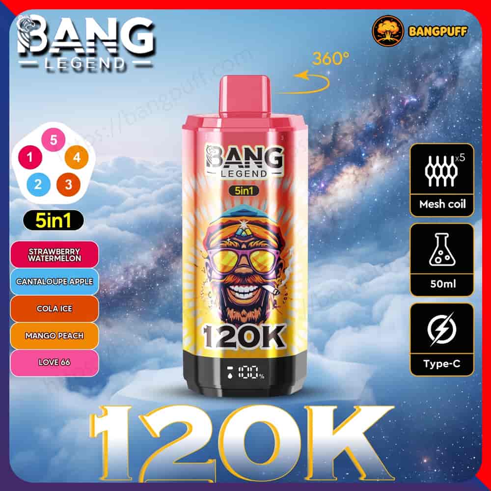 BANG Legend 5-in-1 vape with 120K puffs, pink device and flavor list on a starry cloud background