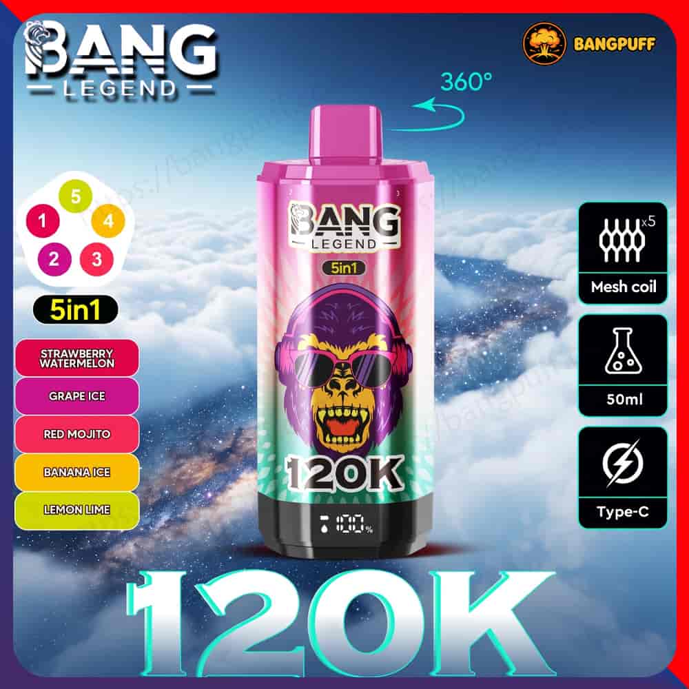 Promotional graphic of a Bang Legend 5-in-1 vape with 120K label, flavor options, 360° rotation, mesh coil, 50ml, and Type-C icons
