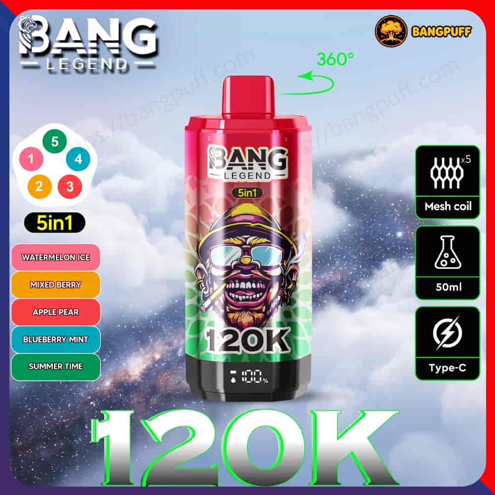 Bang Legend vape ad with 5-in-1 flavors, 360° design, mesh coil, 50ml, Type-C, and 120K display
