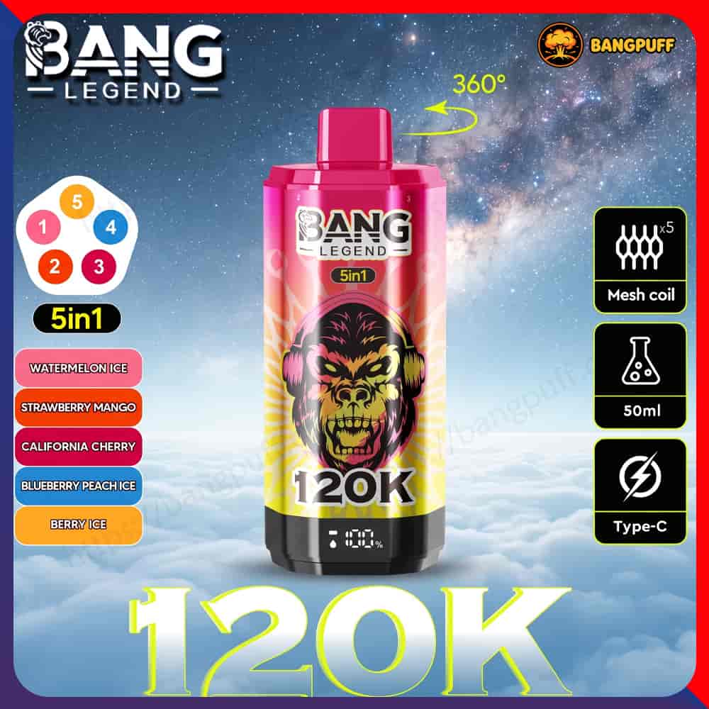Bang Legend 5-in-1 vape device with 120K puff claim, flavor options, and mesh coil, 50ml, Type-C
