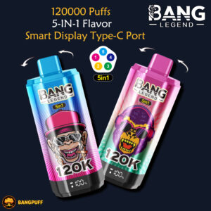 Promotional graphic of two BANG LEGEND 5-in-1 vape devices with 120K and 120000 puffs text on a dark background