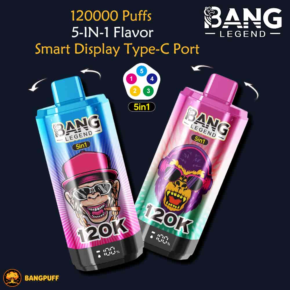 Promotional graphic of two BANG LEGEND 5-in-1 vape devices with 120K and 120000 puffs text on a dark background