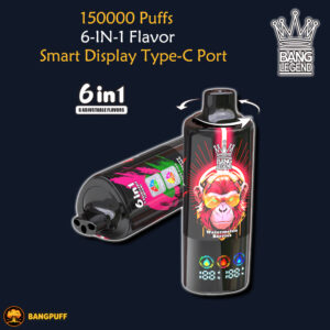 Promotional graphic for a Bang Legend vape showing 150000 puffs, 6-in-1 flavor, smart display, and Type-C port