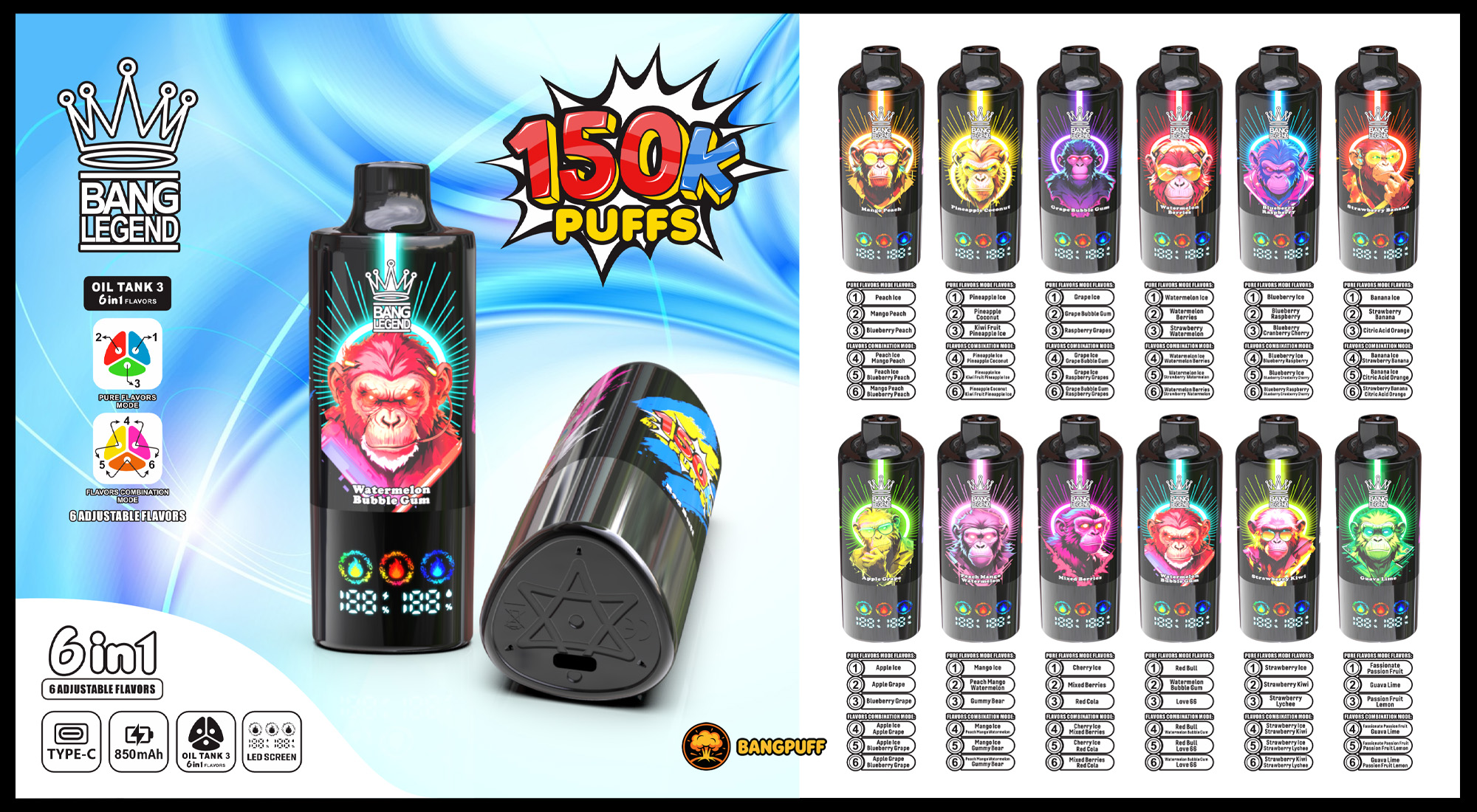 Promotional poster for Bang Legend Bangpuff vape devices with 6-in-1 flavors, 150K puffs, and multiple flavor options
